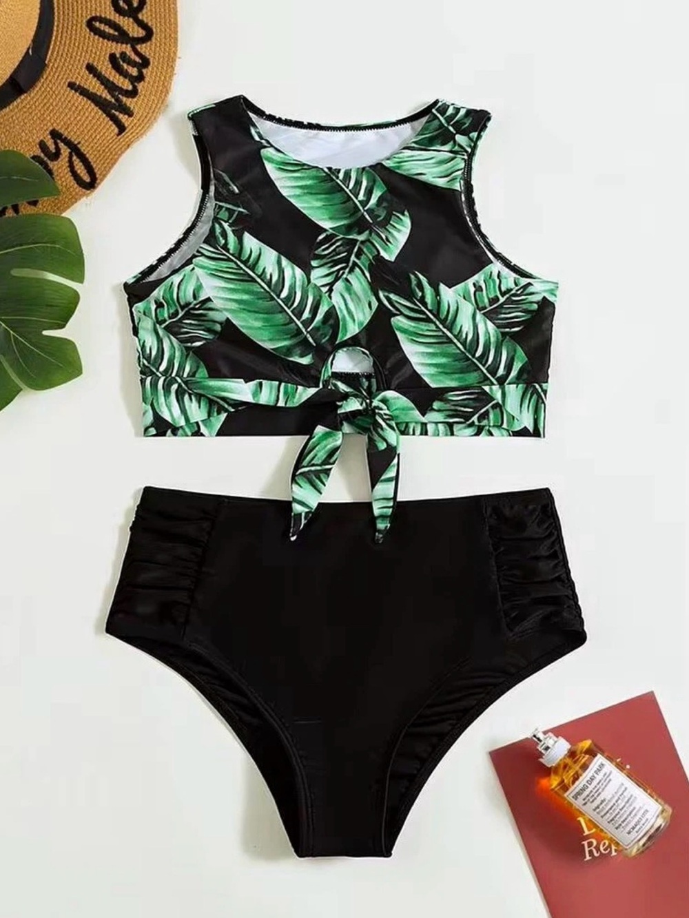 Green Leaf Tie-Front Two-Piece Swimsuit NWT size L